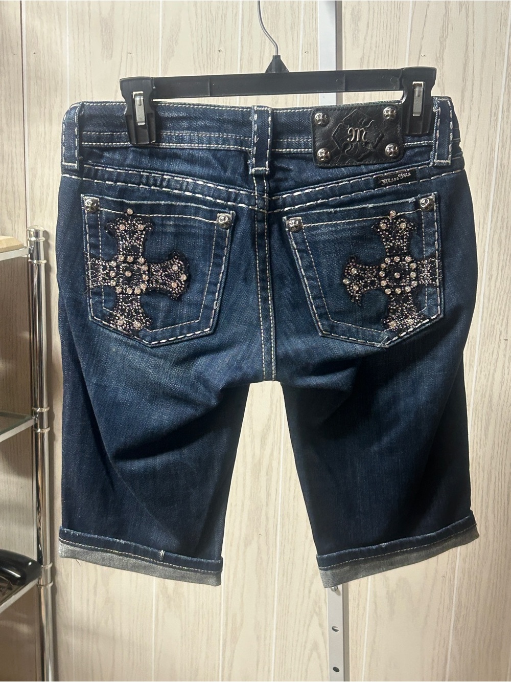 Miss Me Embroidered Denim Bermuda Shorts rhinestone-embellished cross pockets